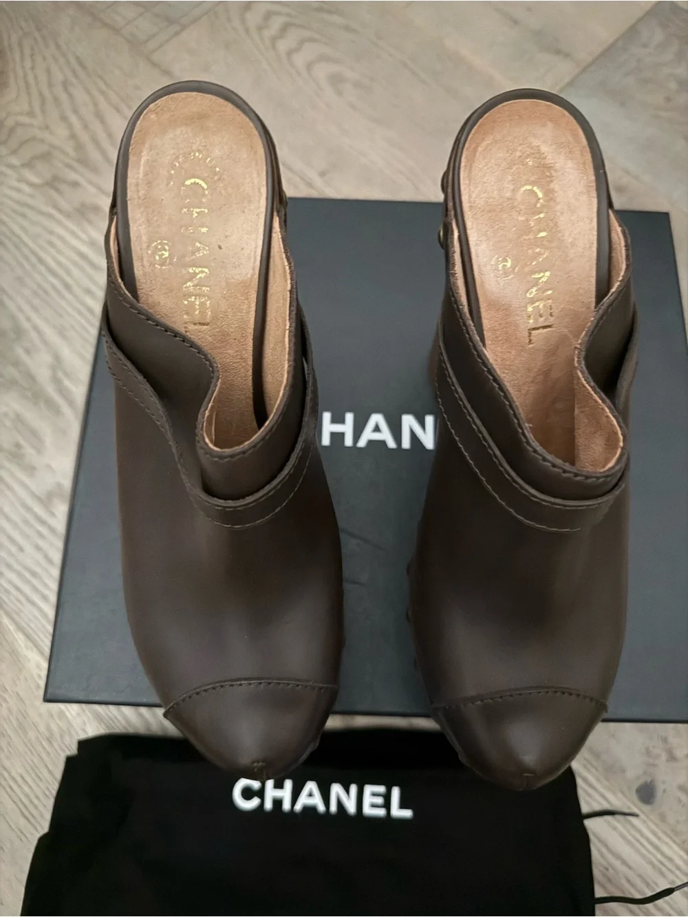 CHANEL Brown Leather Studded Clog Mules